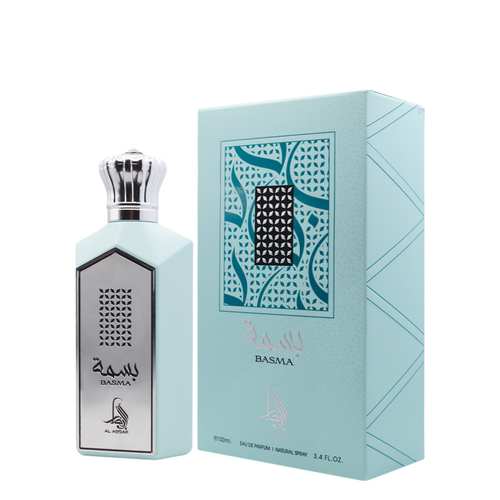 Perfume bottle and packaging with 'Basma' branding on a white background