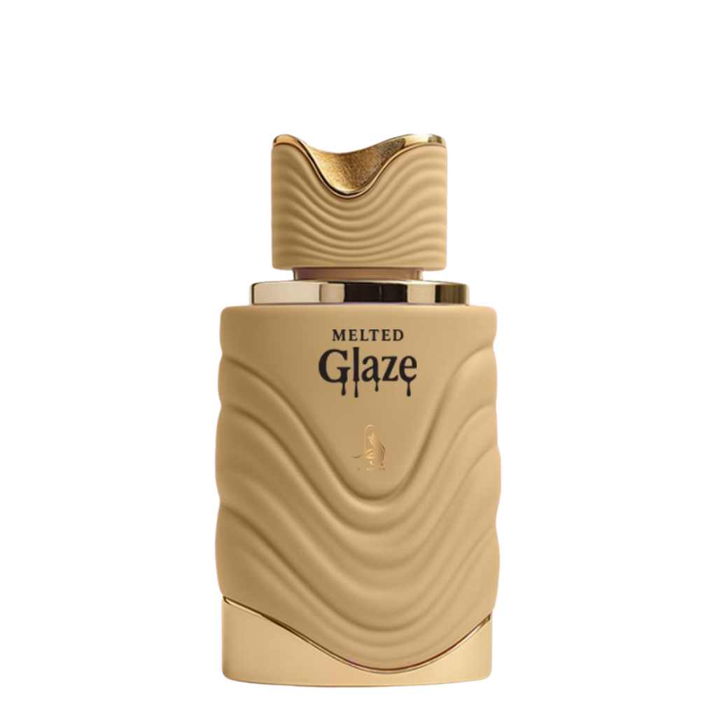 Gold perfume bottle labeled 'Melted Glaze' on a white background
