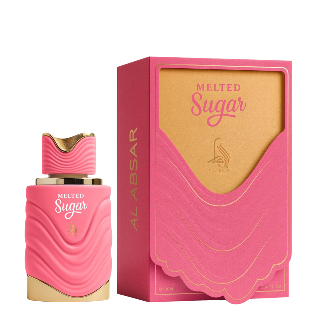 Pink perfume bottle and packaging with 'Melted Sugar' text on a white background
