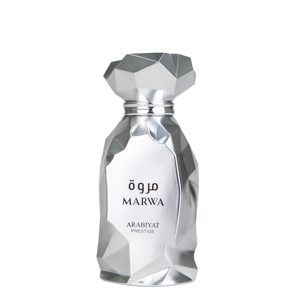 Silver perfume bottle with 'Marwa' branding on a white background