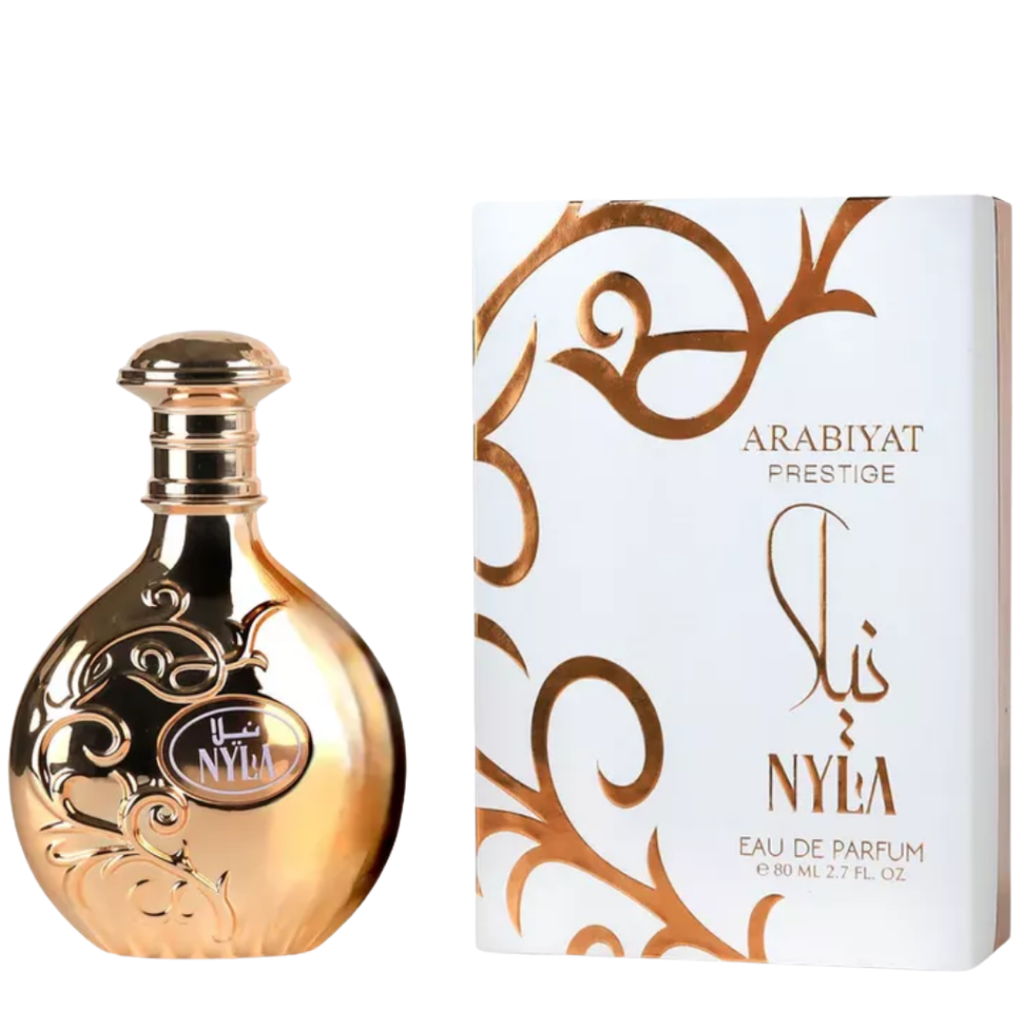 Gold perfume bottle and packaging with 'NYLA' branding on a white background