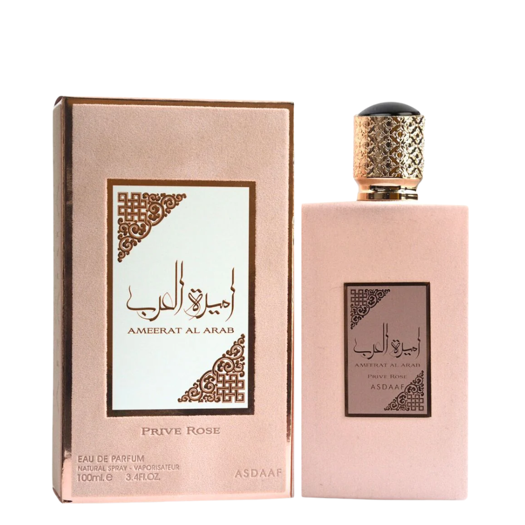 Ameerat Al Arab Prive Rose perfume bottle and packaging on a white background