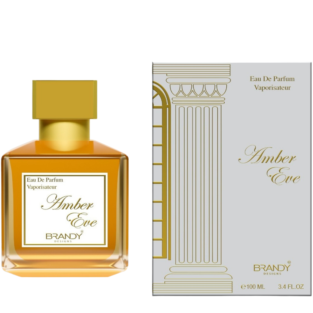 Amber Eve perfume bottle and packaging on a white background