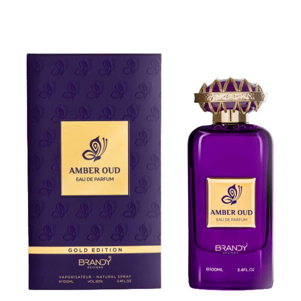 Amber Oud Eau de Parfum bottle and packaging on a white background