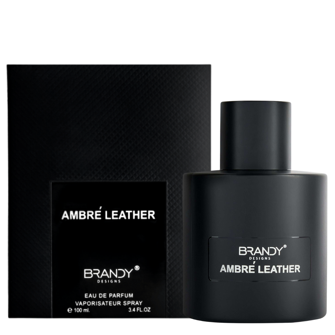Black Brandy Ambre Leather perfume bottle and packaging on a white background