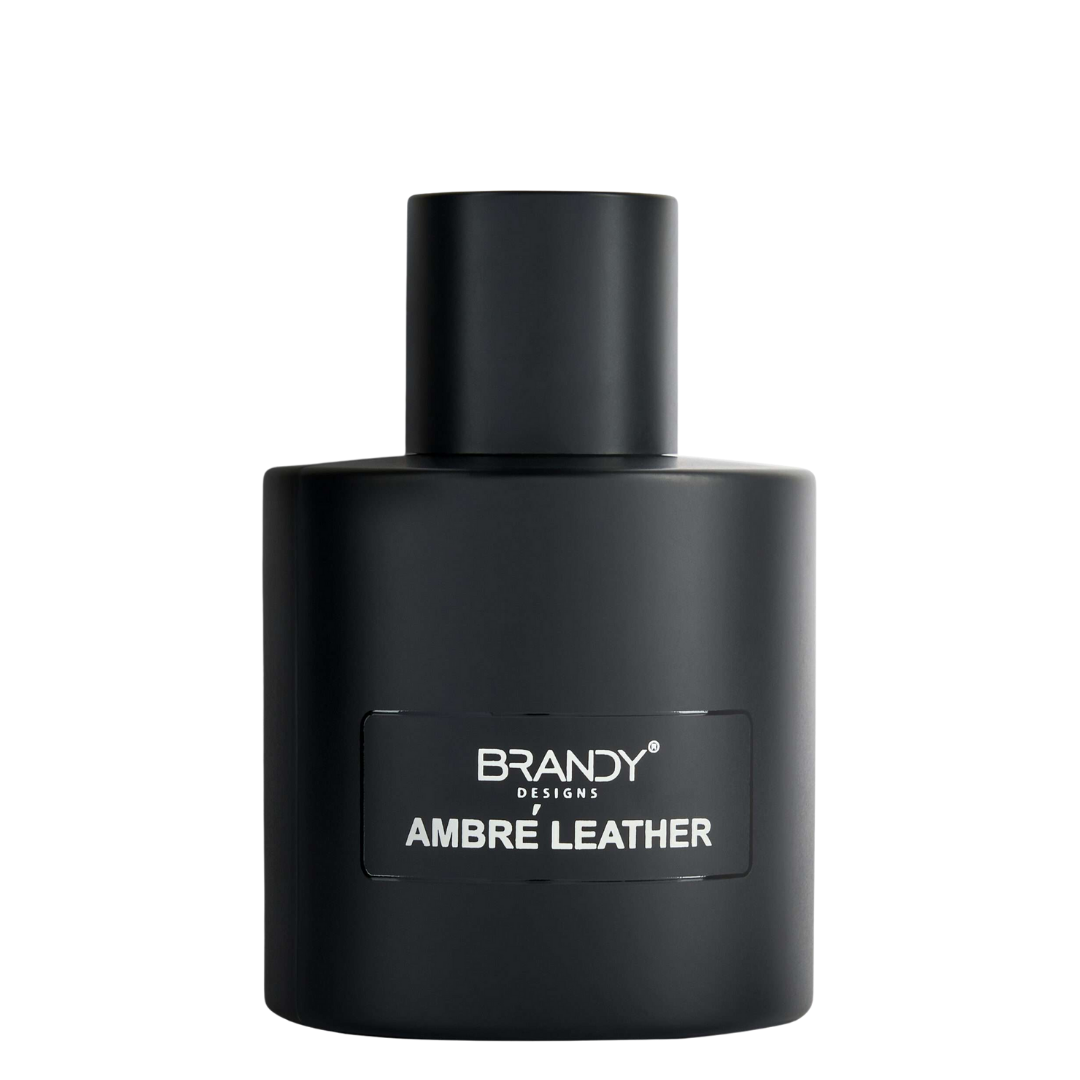 Black perfume bottle labeled 'Brandy Ambre Leather' on a white background