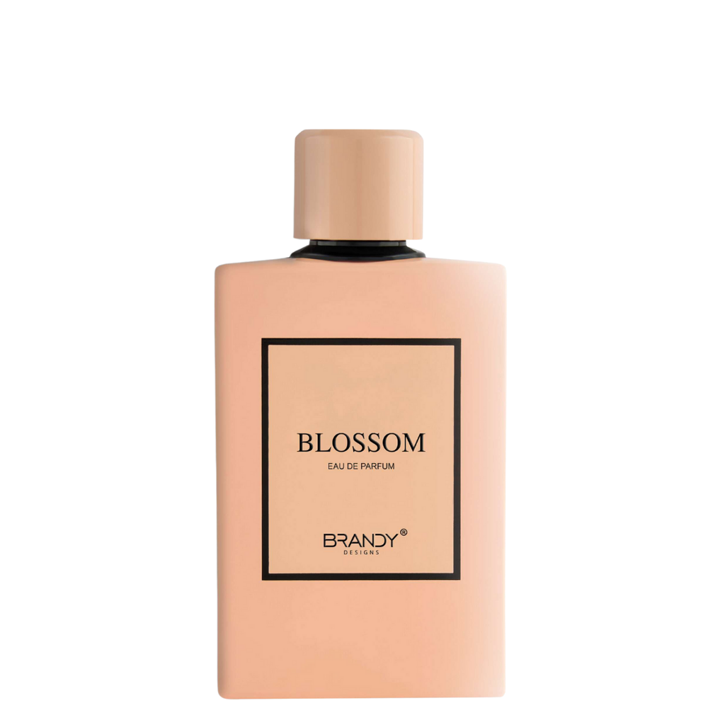 Perfume bottle labeled 'Blossom' by 'Brandy' on a white background