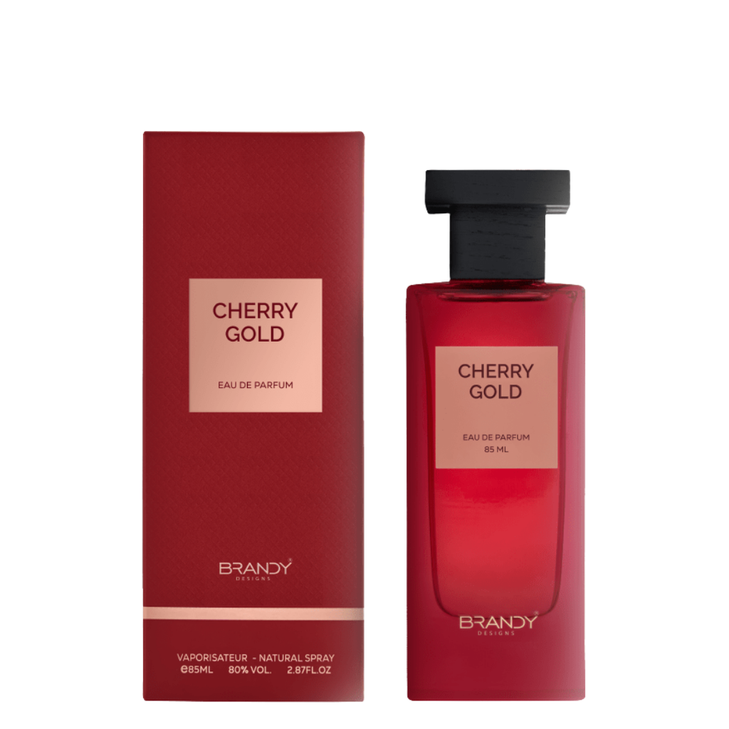 Cherry Gold Eau de Parfum bottle and packaging on a white background