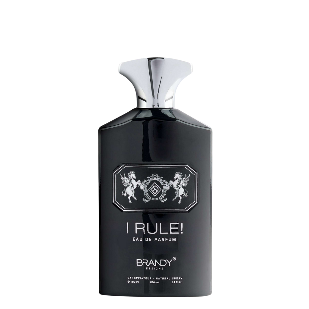 Black perfume bottle with silver cap labeled 'I Rule! Eau de Parfum' on a white background