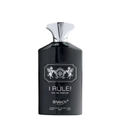 Black perfume bottle with silver cap labeled 'I Rule! Eau de Parfum' on a white background