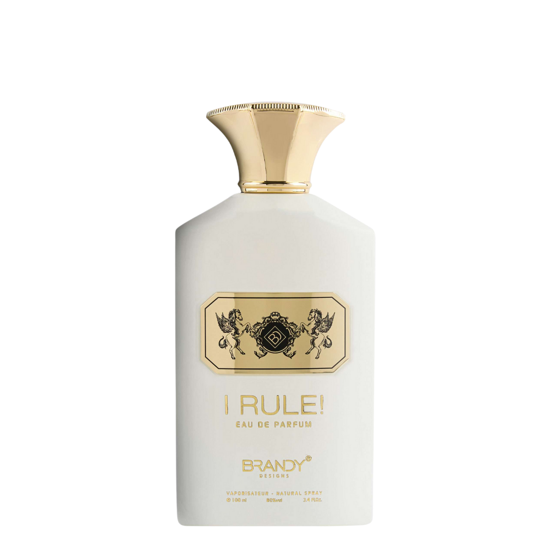 Perfume bottle labeled 'I Rule!' with gold cap on a white background