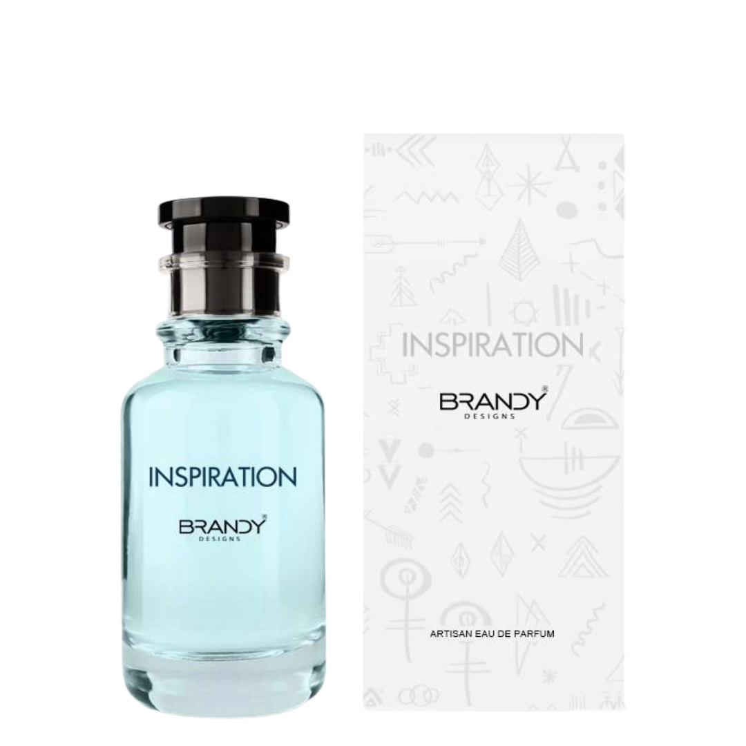 Perfume bottle and packaging of 'Inspiration' by Brandy Designs on a white background