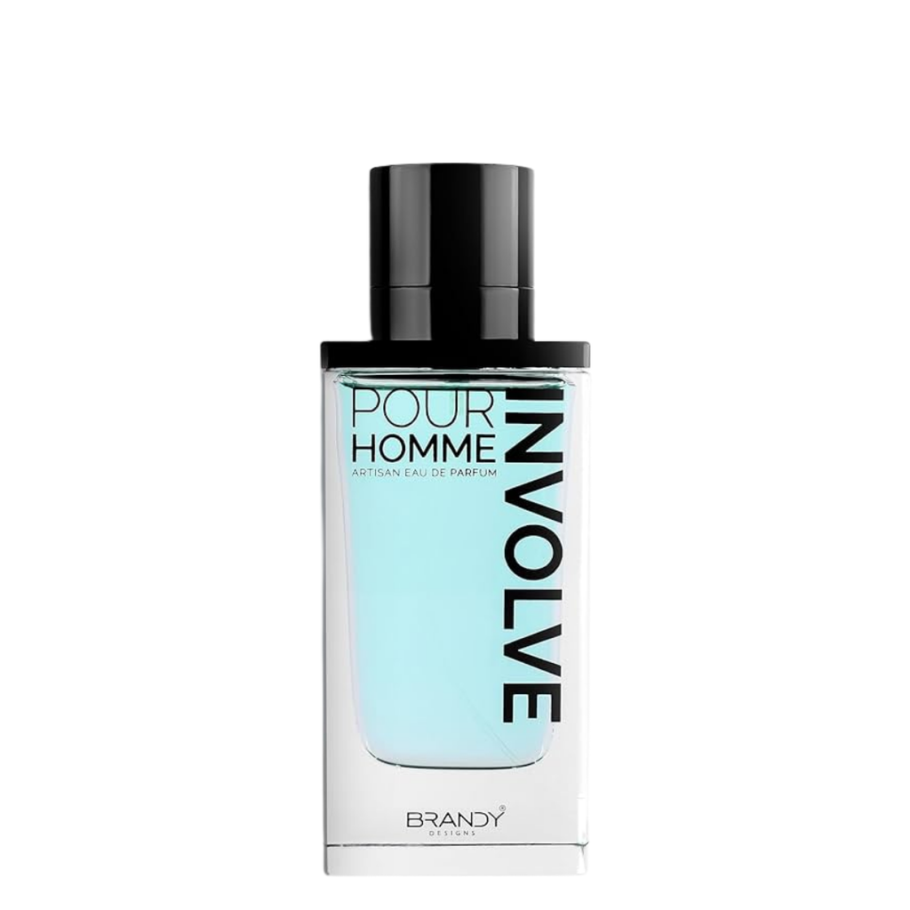 Perfume bottle labeled 'Pour Homme Involve' by Brandy on a white background