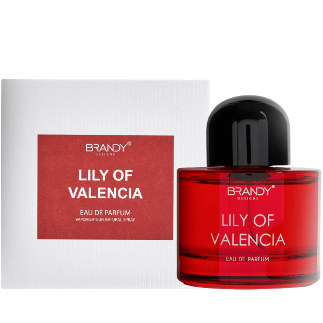 Red 'Lily of Valencia' perfume bottle with black cap and matching box on a white background
