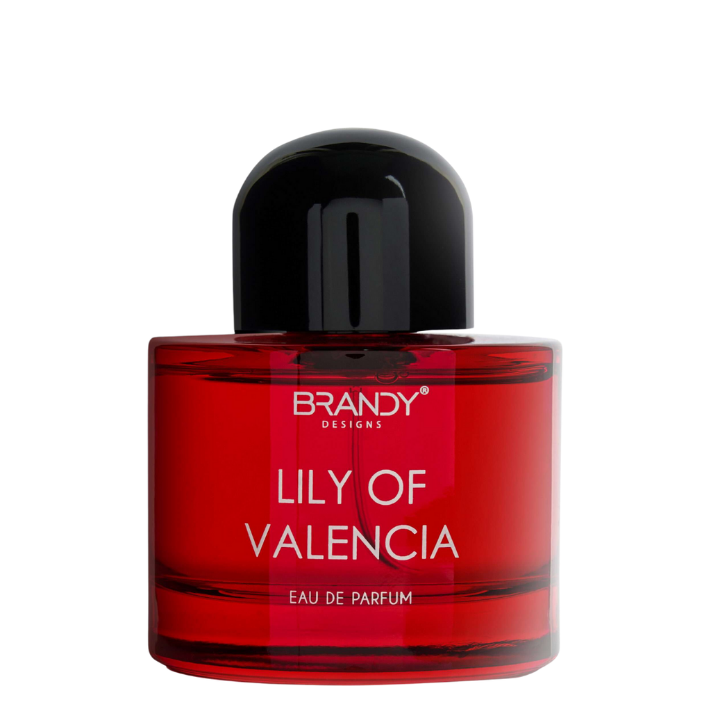Red perfume bottle labeled 'Lily of Valencia' by Brandy Designs on a white background
