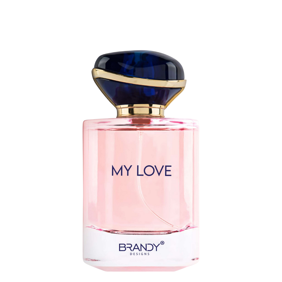 Perfume bottle labeled 'My Love' by Brandy Designs on a white background
