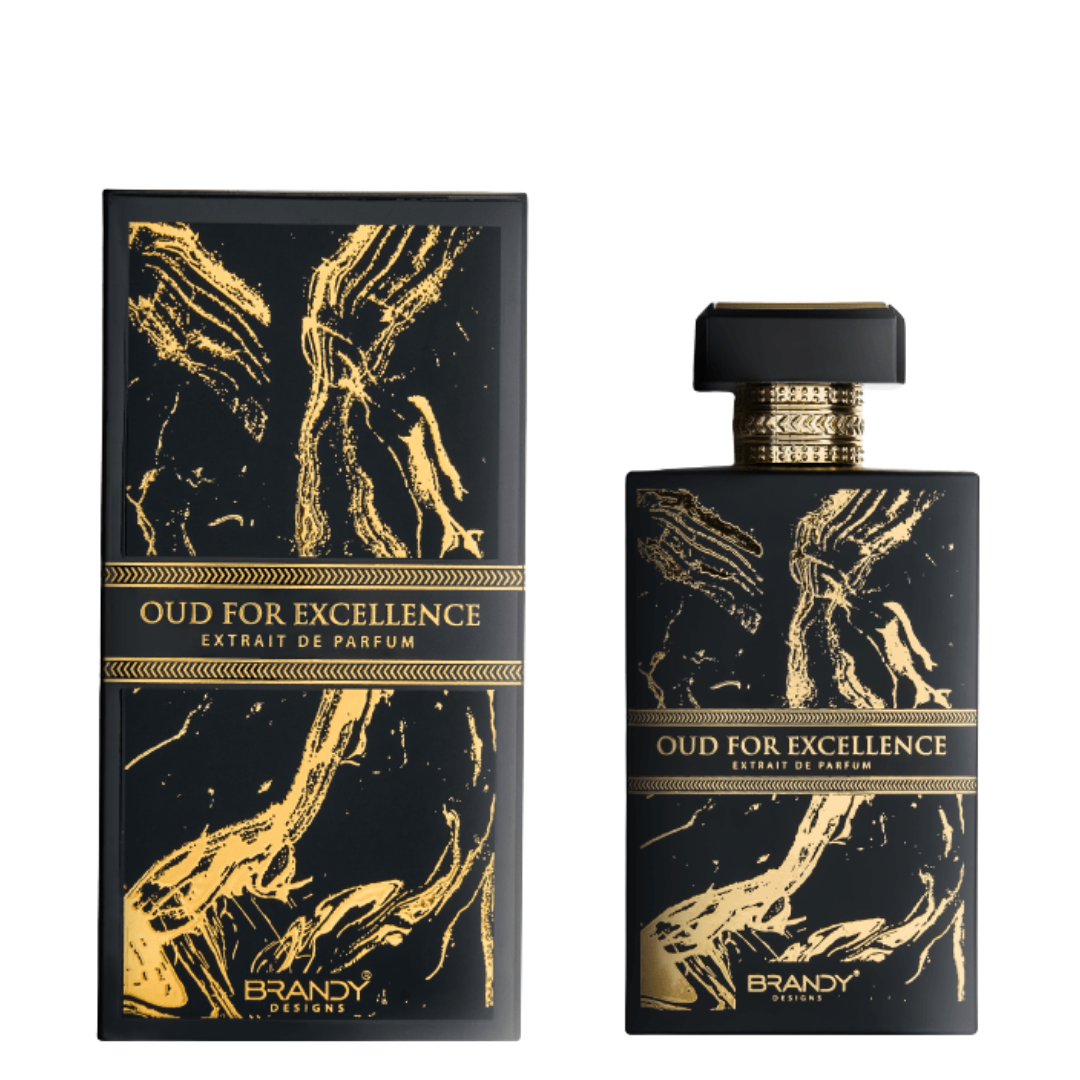 Perfume bottle and packaging of 'Oud for Excellence' by Brandy on a white background