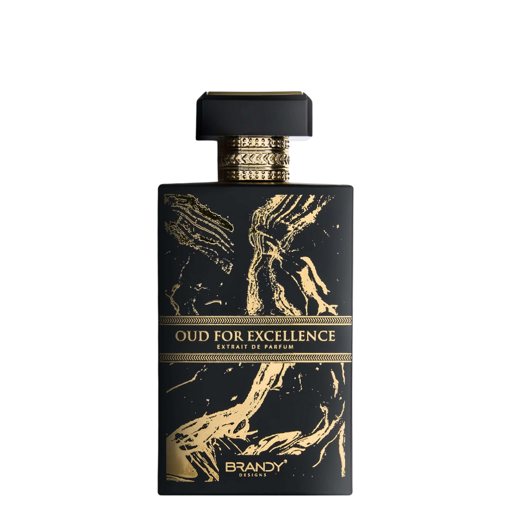 Black and gold perfume bottle labeled 'Oud for Excellence' on a white background