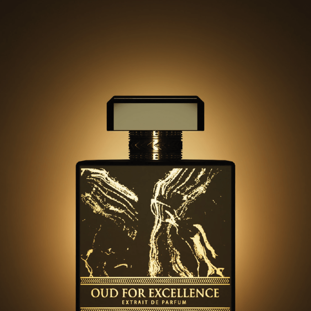 Perfume bottle labeled 'Oud for Excellence' on a brown background