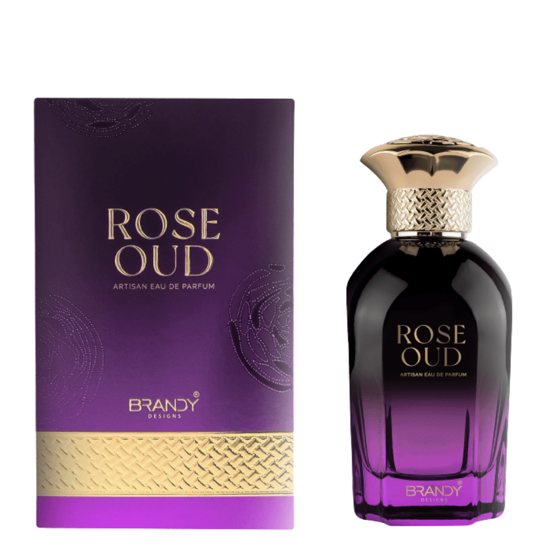 Rose Oud perfume bottle and packaging with gold accents on a white background