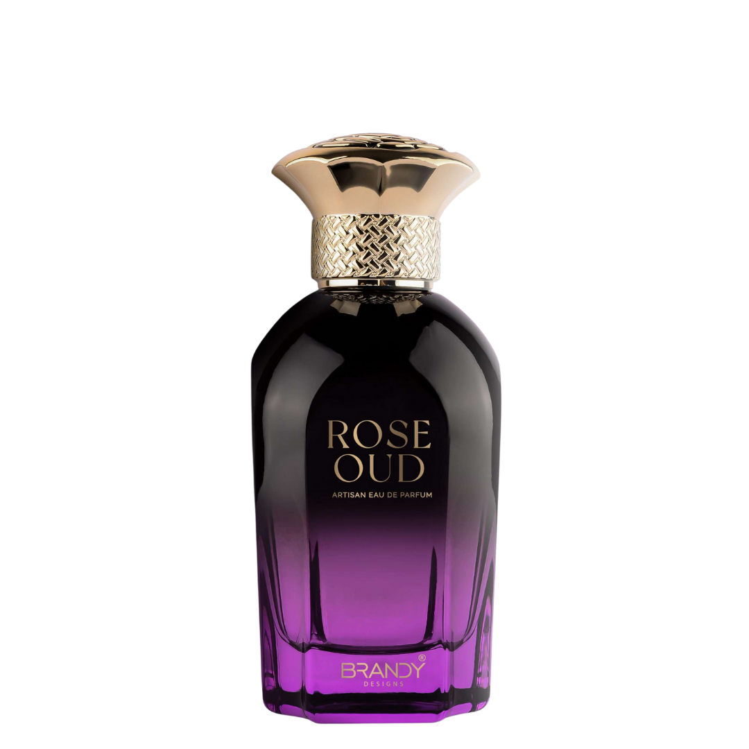 Perfume bottle labeled 'Rose Oud' with a gold cap on a white background