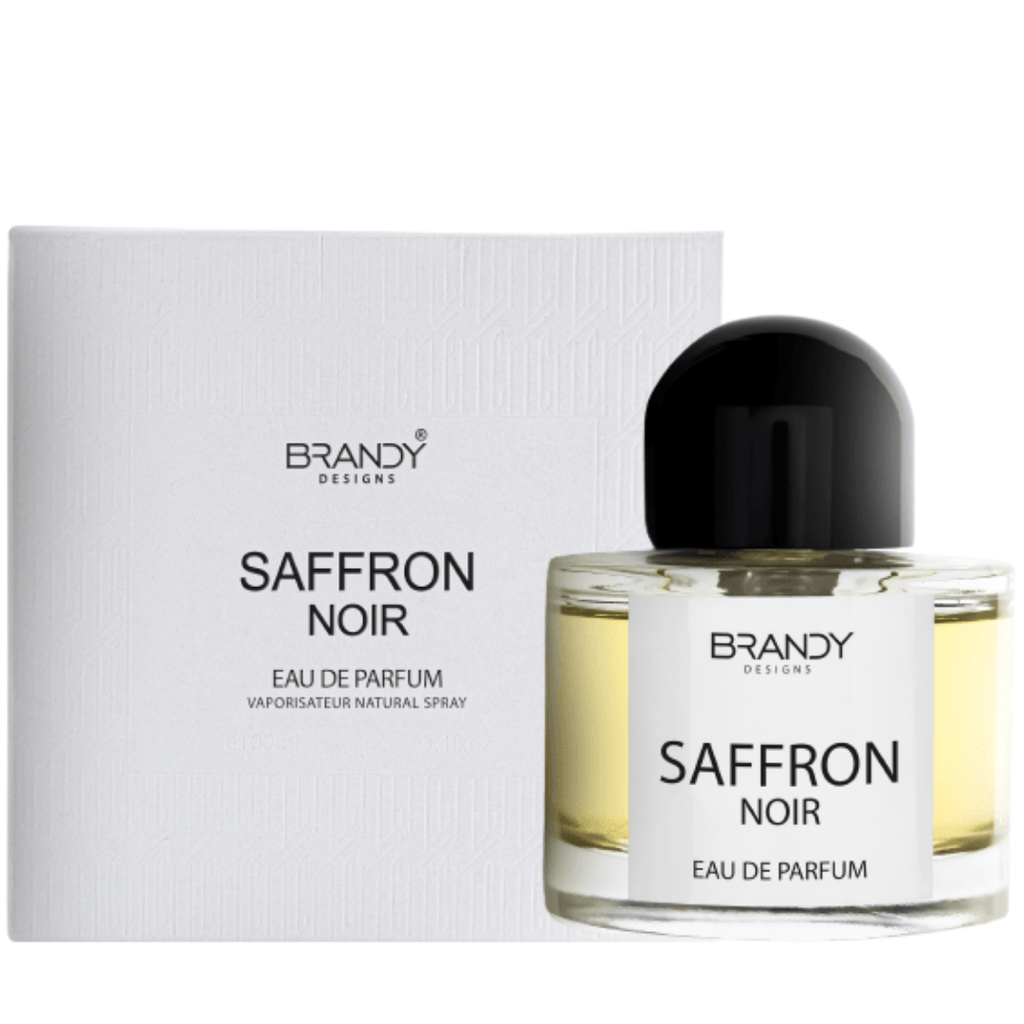 Saffron Noir perfume bottle and packaging on a white background