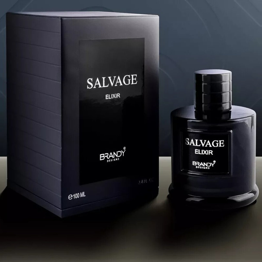 Black 'Salvage Elixir' perfume bottle and packaging on a dark background