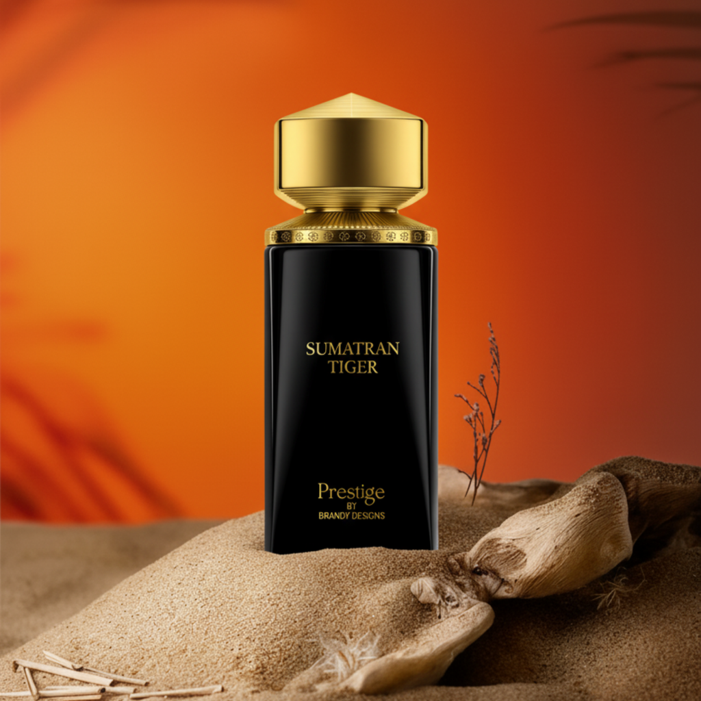 Sumatran Tiger perfume bottle with gold cap on sand against an orange background