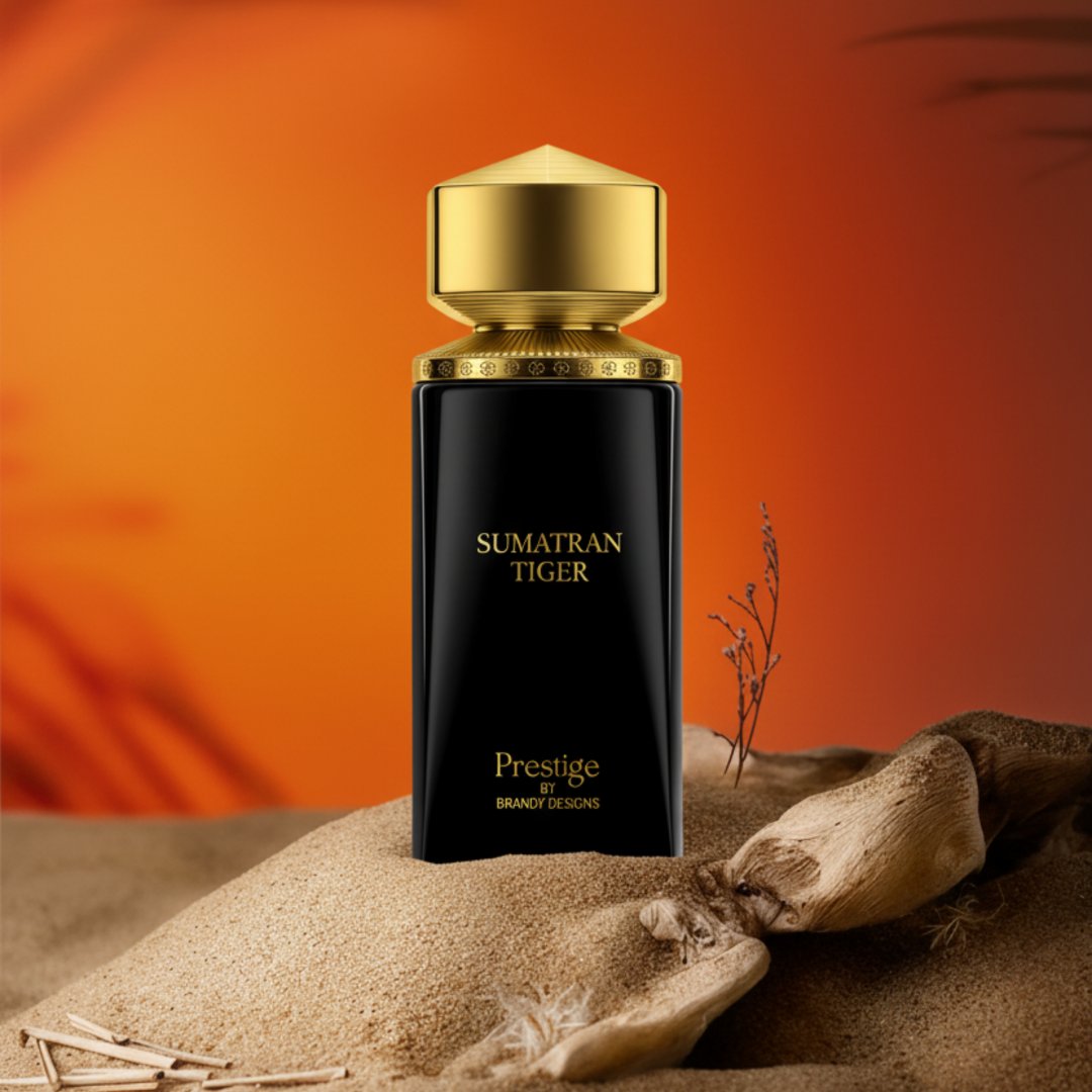 Sumatran Tiger perfume bottle with gold cap on sand against an orange background