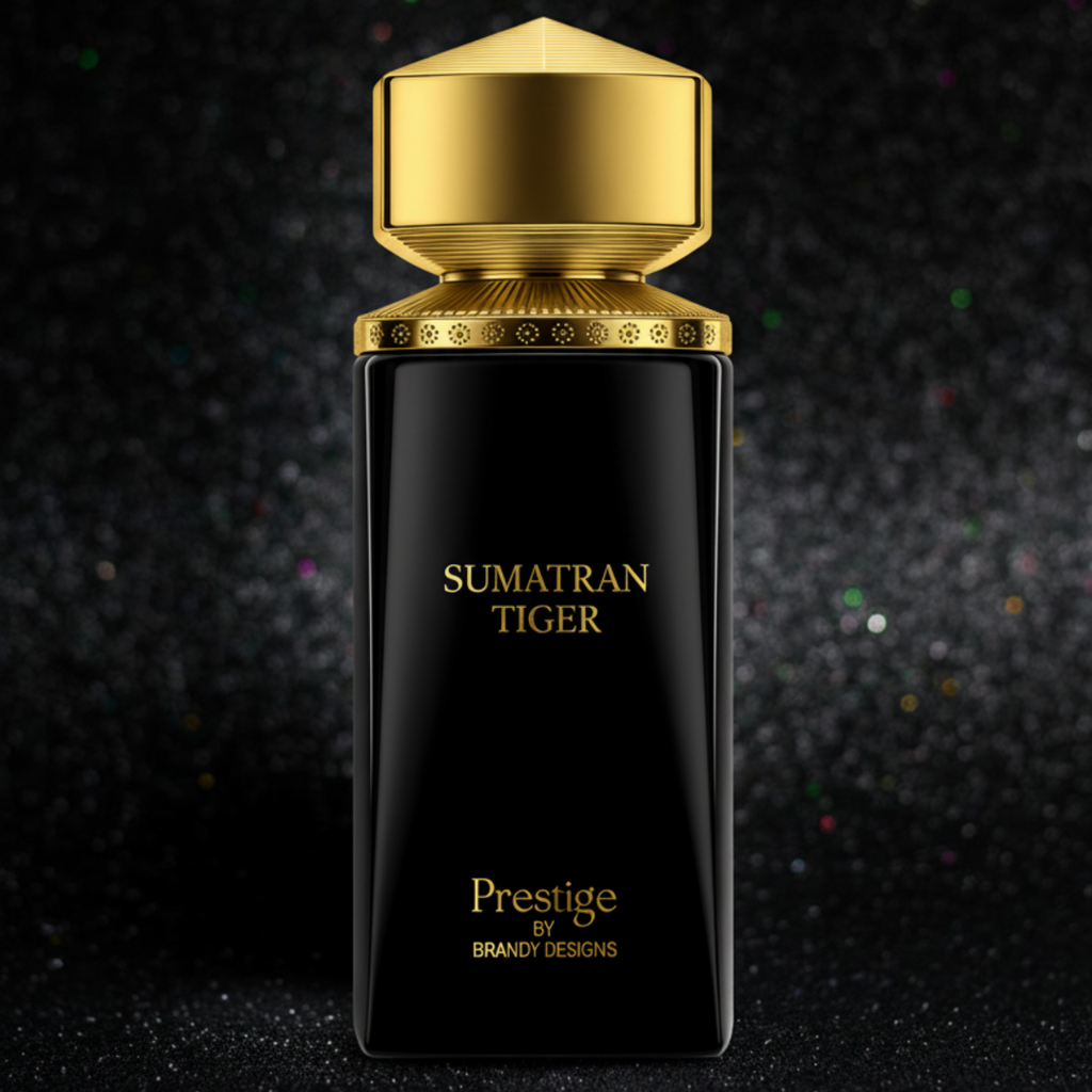 Black perfume bottle with gold cap labeled 'Sumatran Tiger' on a dark background
