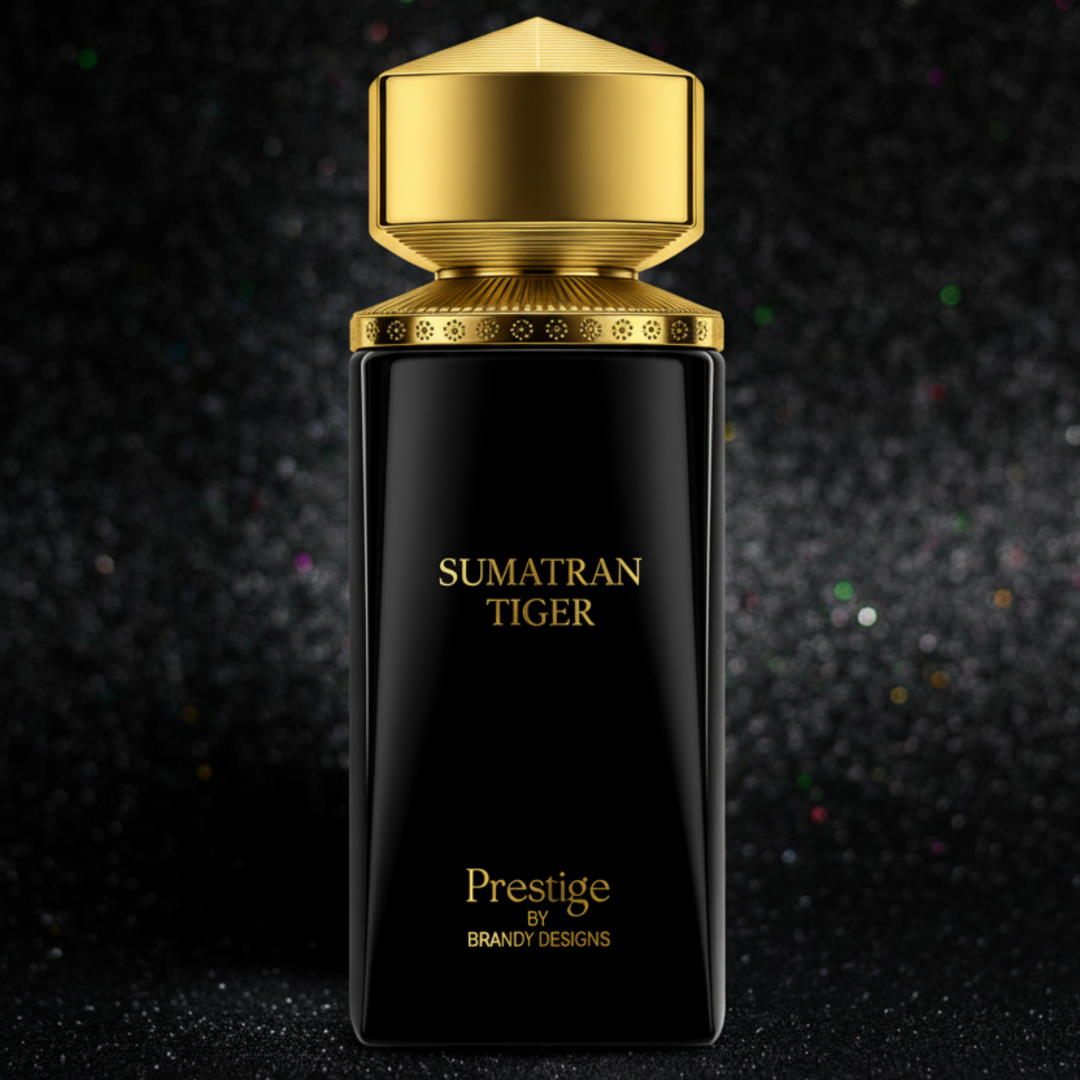 Black perfume bottle with gold cap labeled 'Sumatran Tiger' on a dark background
