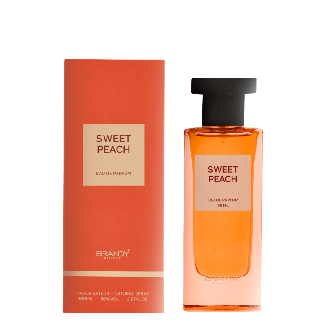 Sweet Peach perfume bottle and packaging on a white background