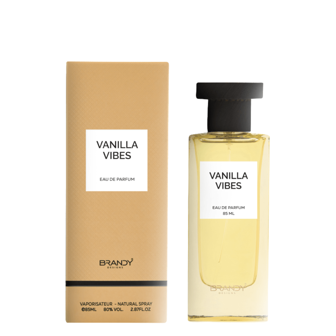 Vanilla vibes eau de parfum bottle and packaging on a white background