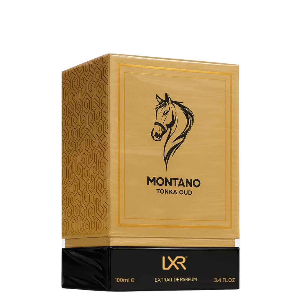 Montano Tonka Oud perfume packaging with horse logo on a white background