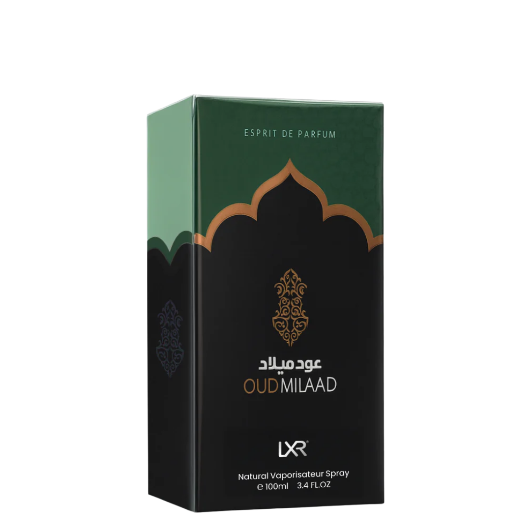 Box of Oud Milaad perfume by LXR on a white background