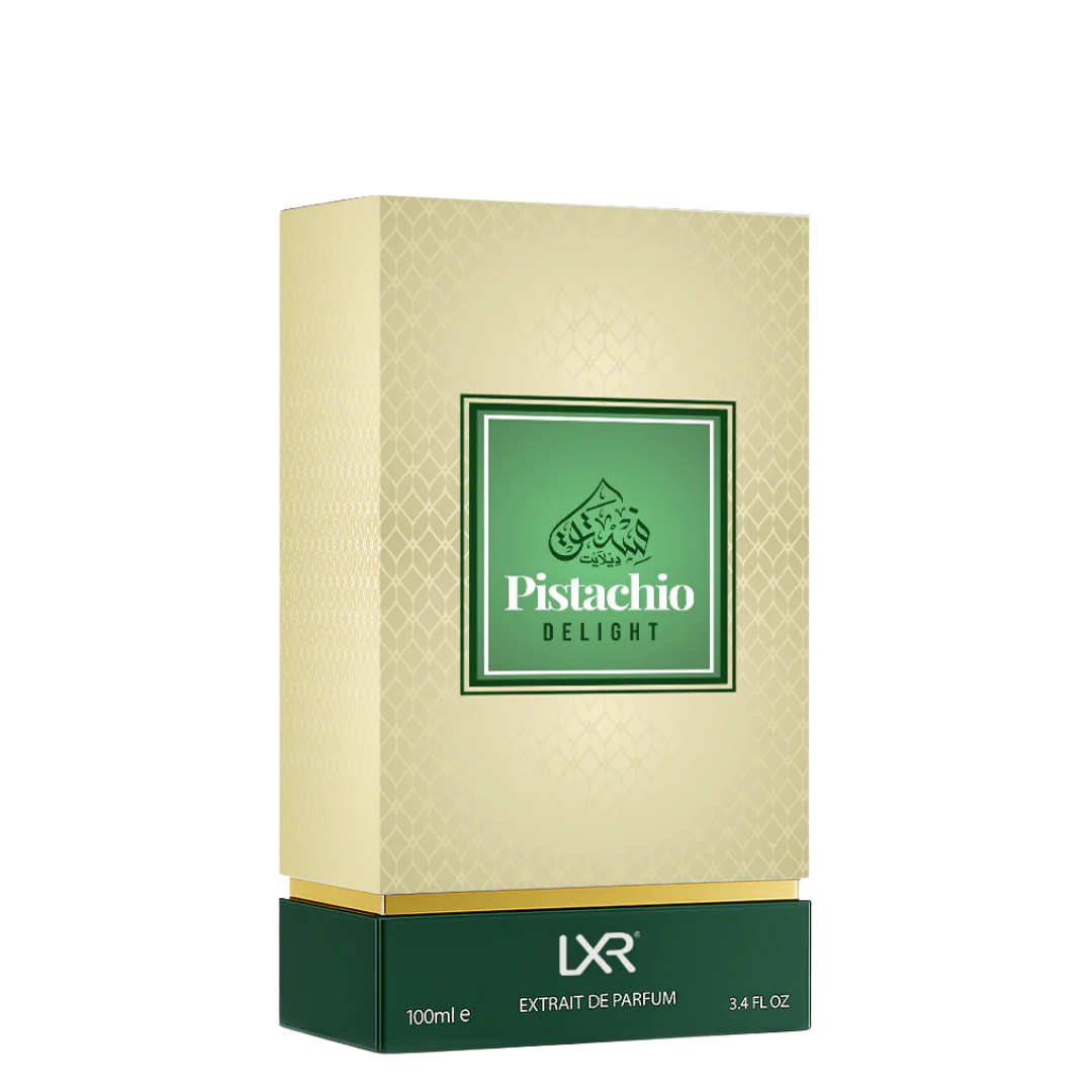 Pistachio Delight perfume box with LXR branding on a white background
