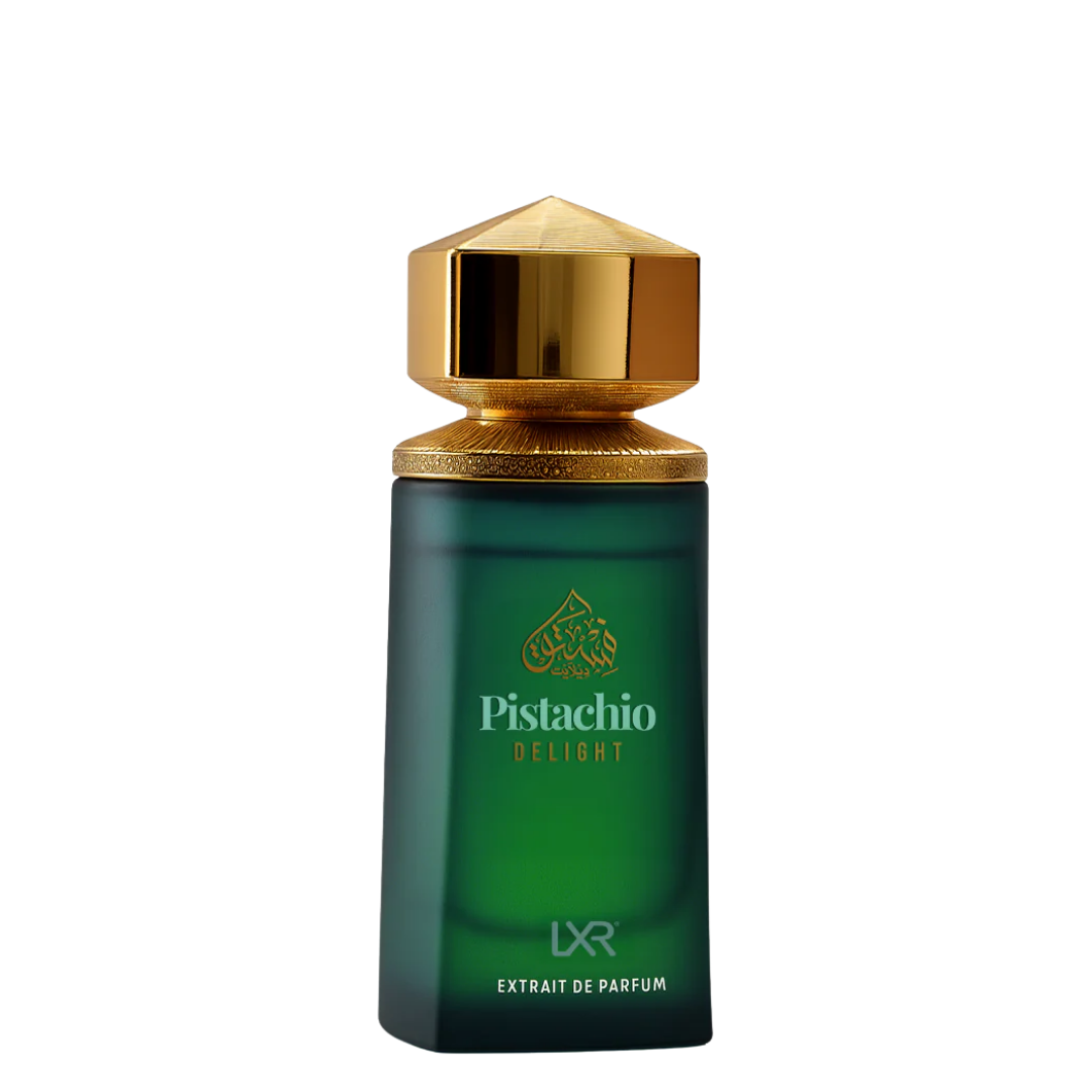 Green perfume bottle with gold cap labeled 'Pistachio Delight' on a white background