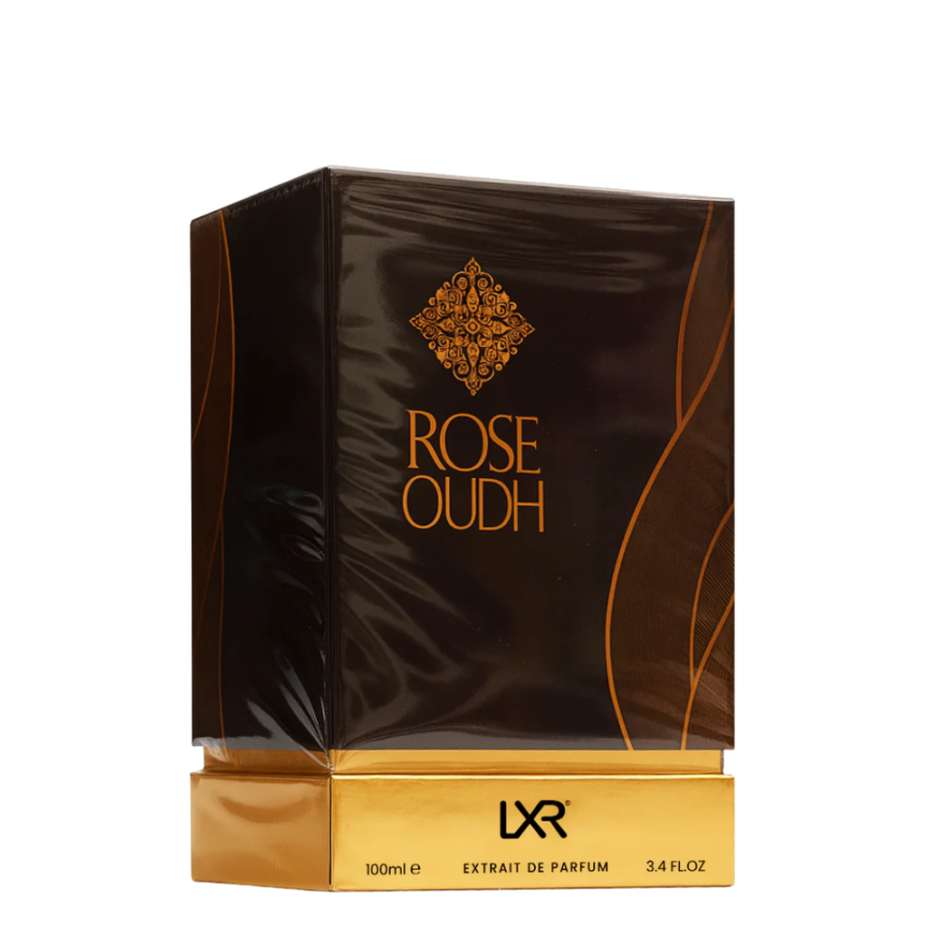 Rose Oudh perfume packaging with gold and black design on a white background