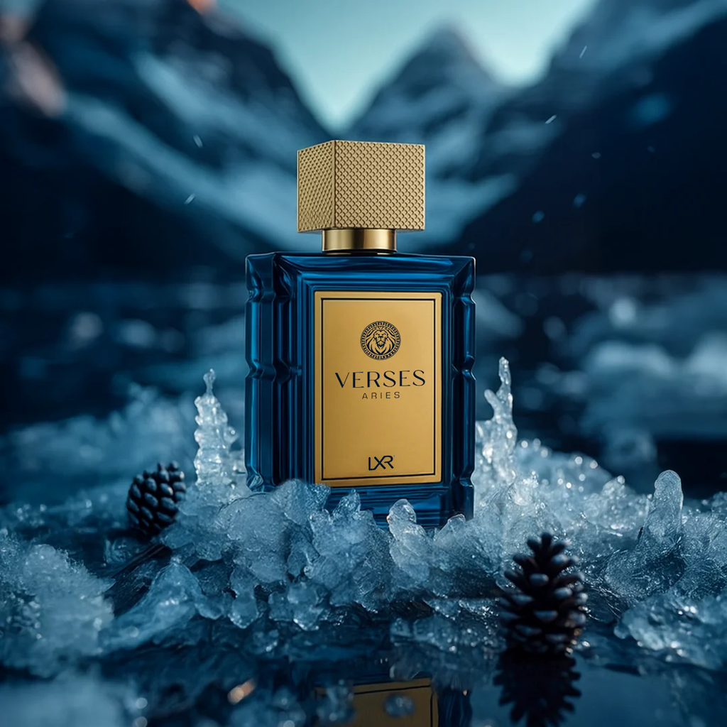 LXR Verses Aries Mens Perfume bottle with gold cap on a snowy mountain background