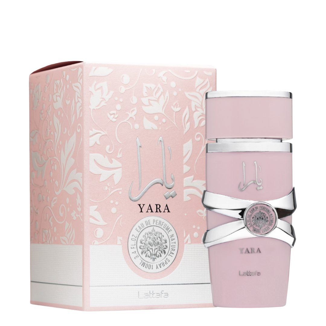 Yara perfume bottle and packaging with Lattafa branding on a white background
