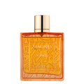 Orange perfume bottle with gold cap on a white background. Rayhaan Adonis Icarus