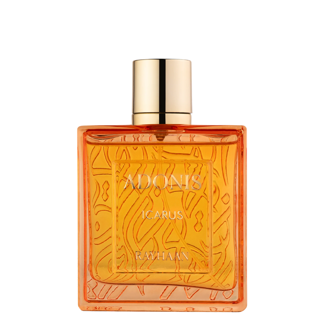 Orange perfume bottle with gold cap on a white background. Rayhaan Adonis Icarus