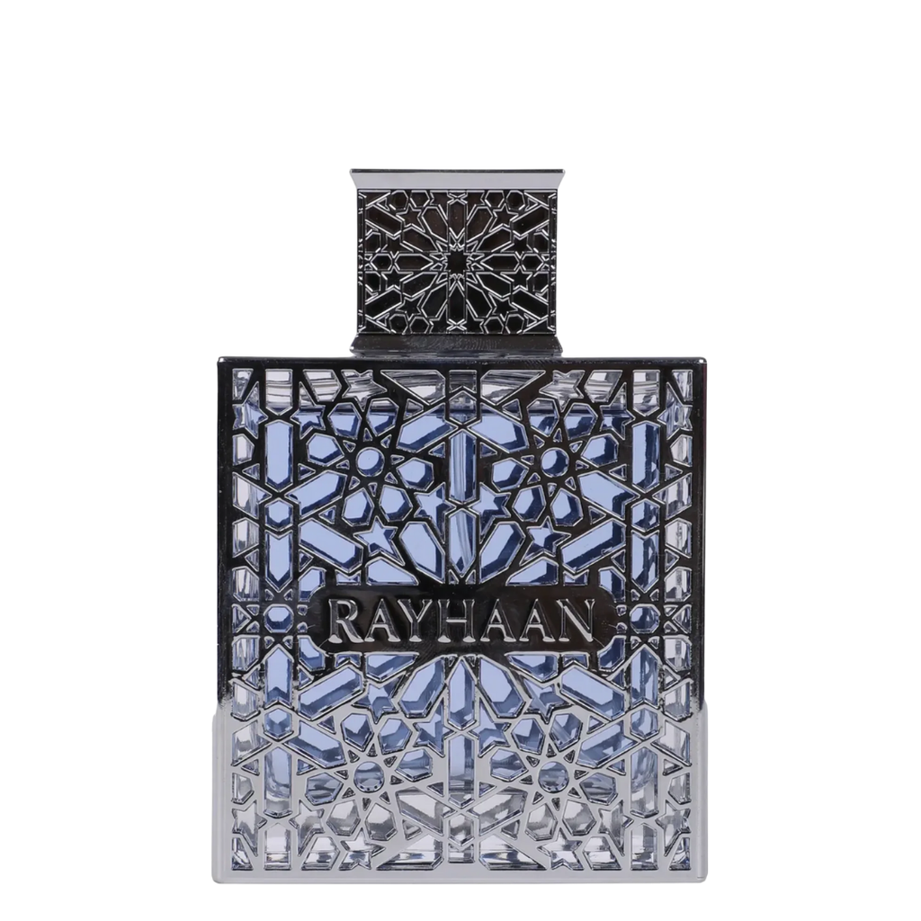 Perfume bottle with intricate design and 'Rayhaan' branding on a white background. Rayhaan Aquatica