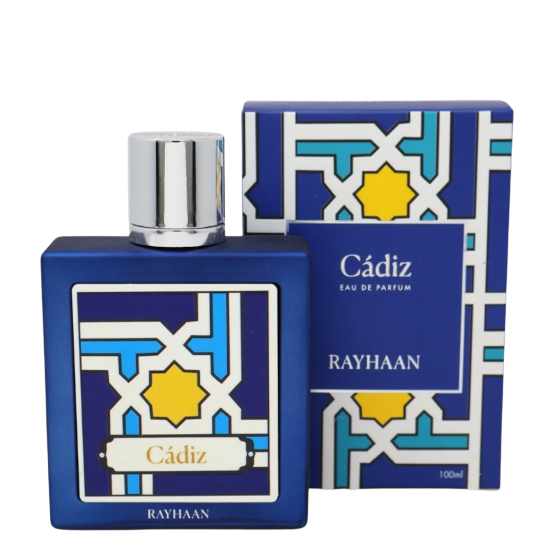 Cadiz Rayhaan perfume bottle and packaging on a white background