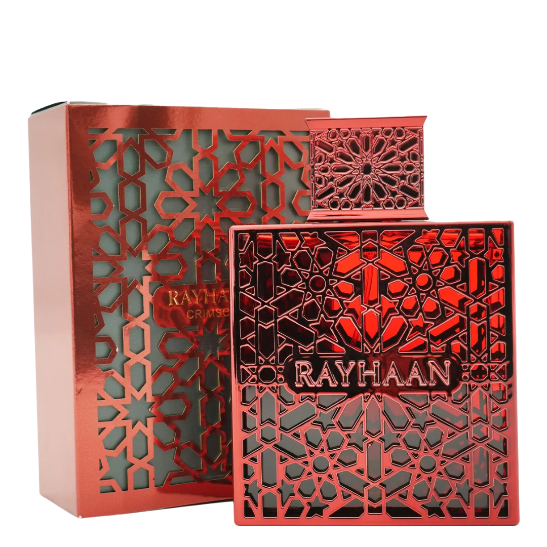 Decorative red and gold packaging with 'Rayhaan' branding on a white background. Rayhaan Crimson