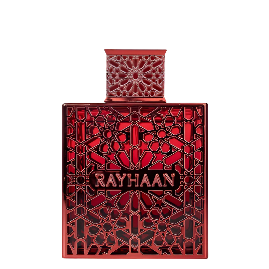 Red perfume bottle with intricate patterns and 'RAYHAAN' branding on a white background. Rayhaan Crimson