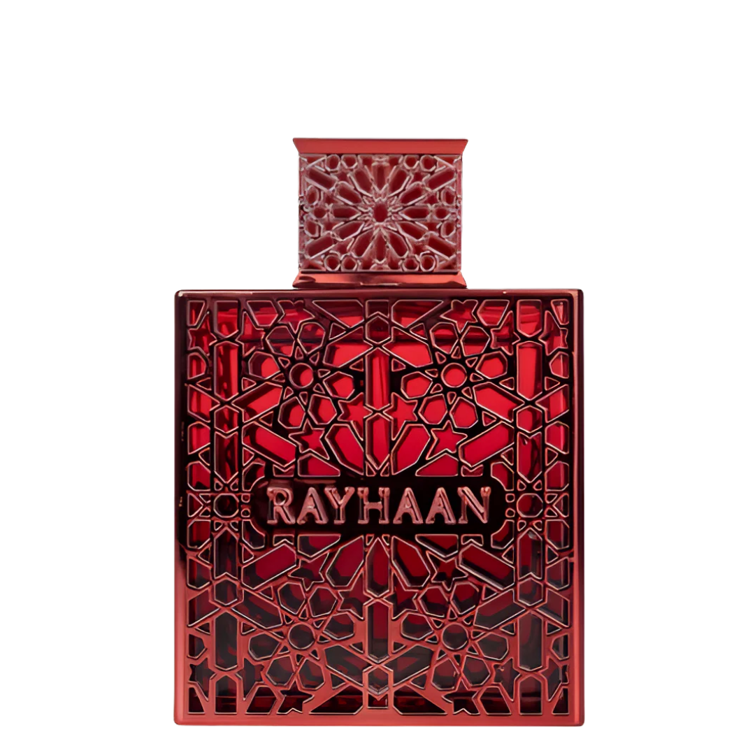 Red perfume bottle with intricate patterns and 'RAYHAAN' branding on a white background. Rayhaan Crimson