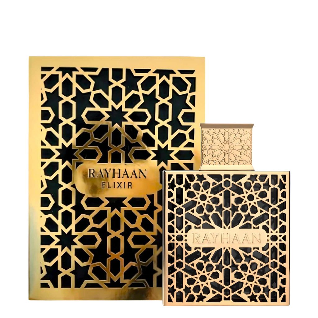 Gold and black patterned packaging with 'Rayhaan Elixir' branding on a white background. Rayhaan Elixir