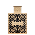 Decorative gold perfume bottle with intricate patterns and 'RAYHAAN' branding on a white background. Rayhaan Elixir