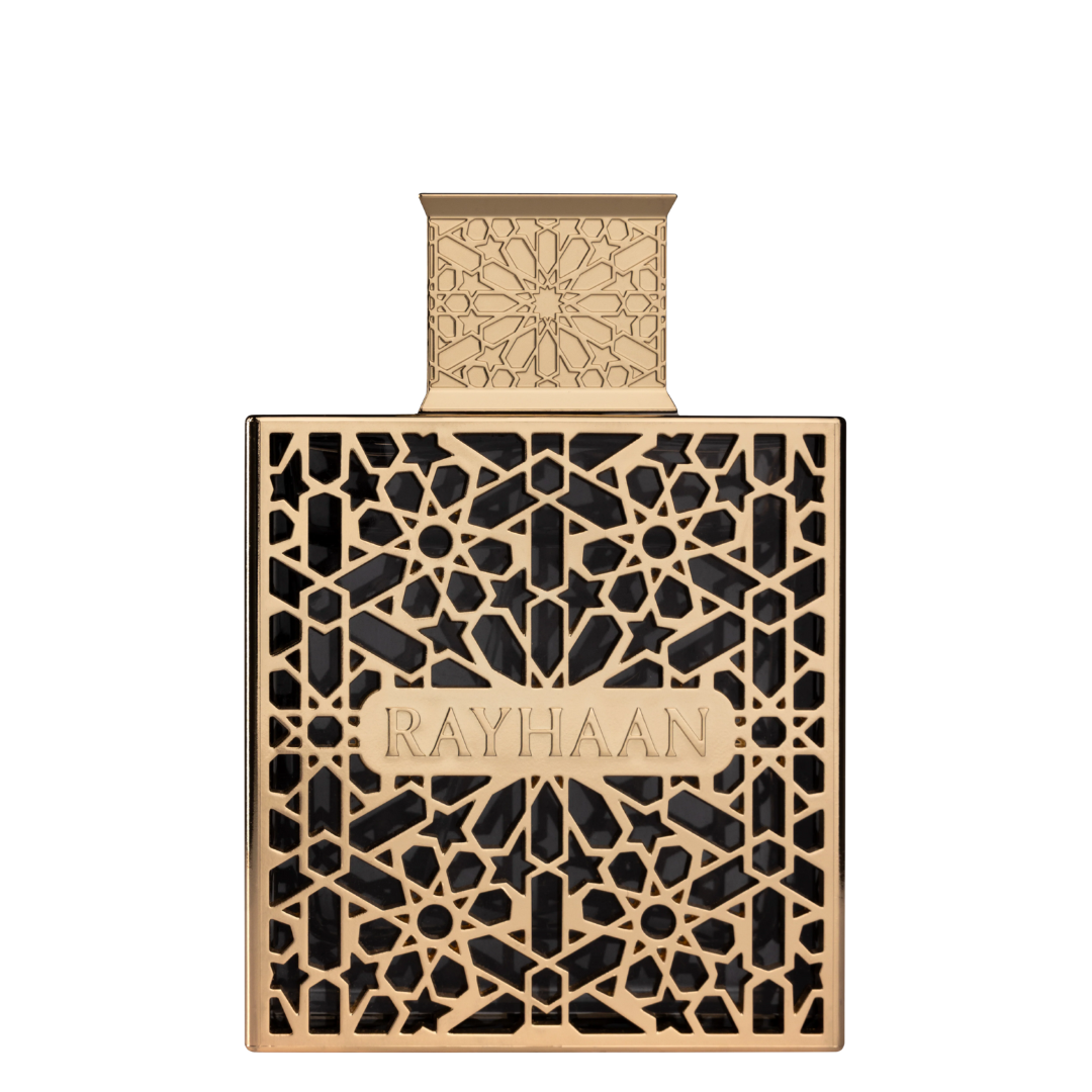 Decorative gold perfume bottle with intricate patterns and 'RAYHAAN' branding on a white background. Rayhaan Elixir